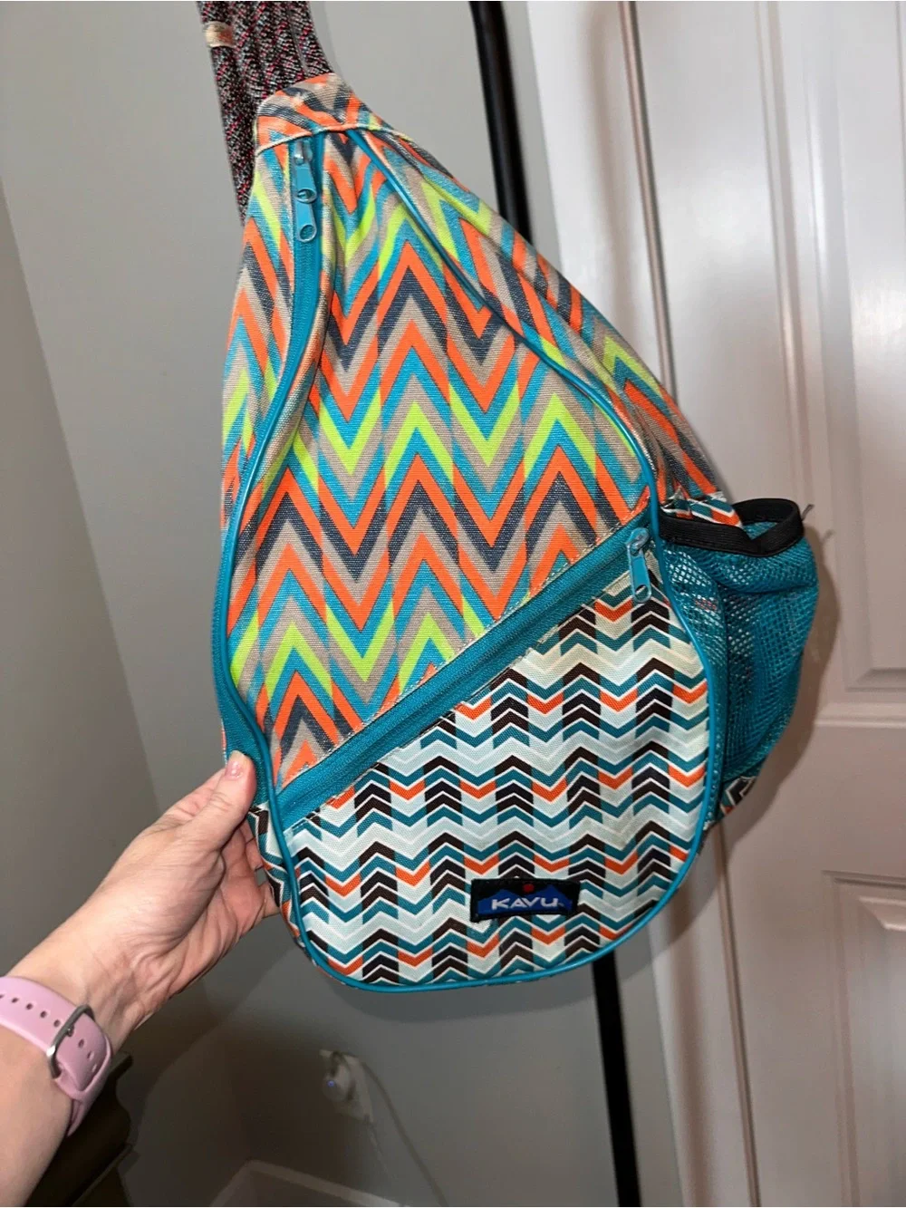Kavu Teal Orange Lime Chevron Sling Backpack